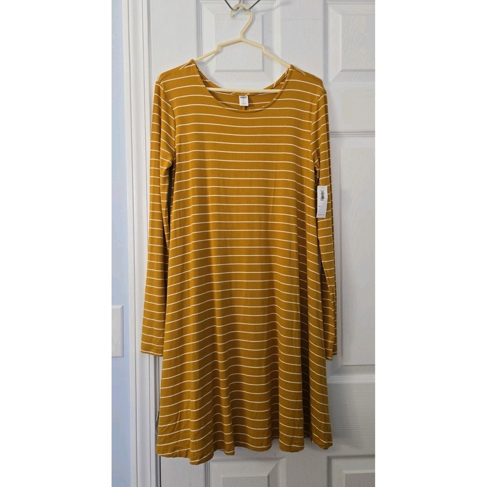 Old Navy Womans Long Sleeve Dress Striped Size Petite Small Gold & White